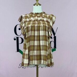 Free People Brown Plaid Ruffle Blouse